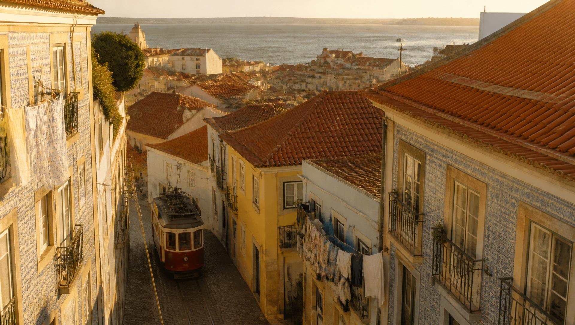 Alfama rooftops in Lisbon at golden hour with a red tram climbing the street toward the Tagus